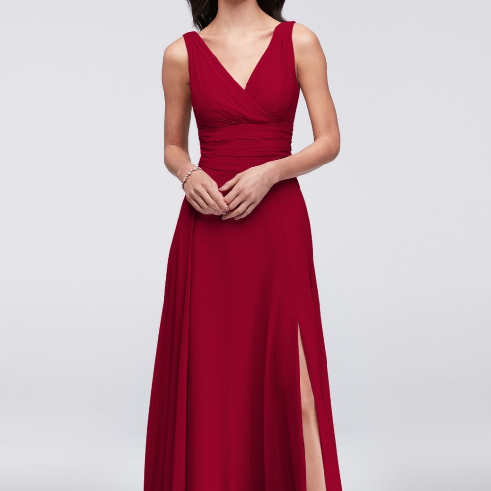 Apple red chiffon davids bridal gown